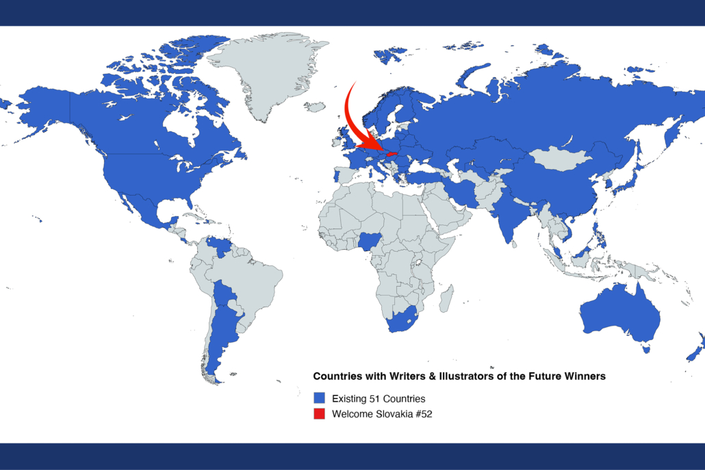 World map showing all 52 countries with winners from L. Ron Hubbard Presents Writers and Illustrators of the Future including an arrow pointing to the most recent, Slovakia.