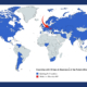 World map showing all 52 countries with winners from L. Ron Hubbard Presents Writers and Illustrators of the Future including an arrow pointing to the most recent, Slovakia.