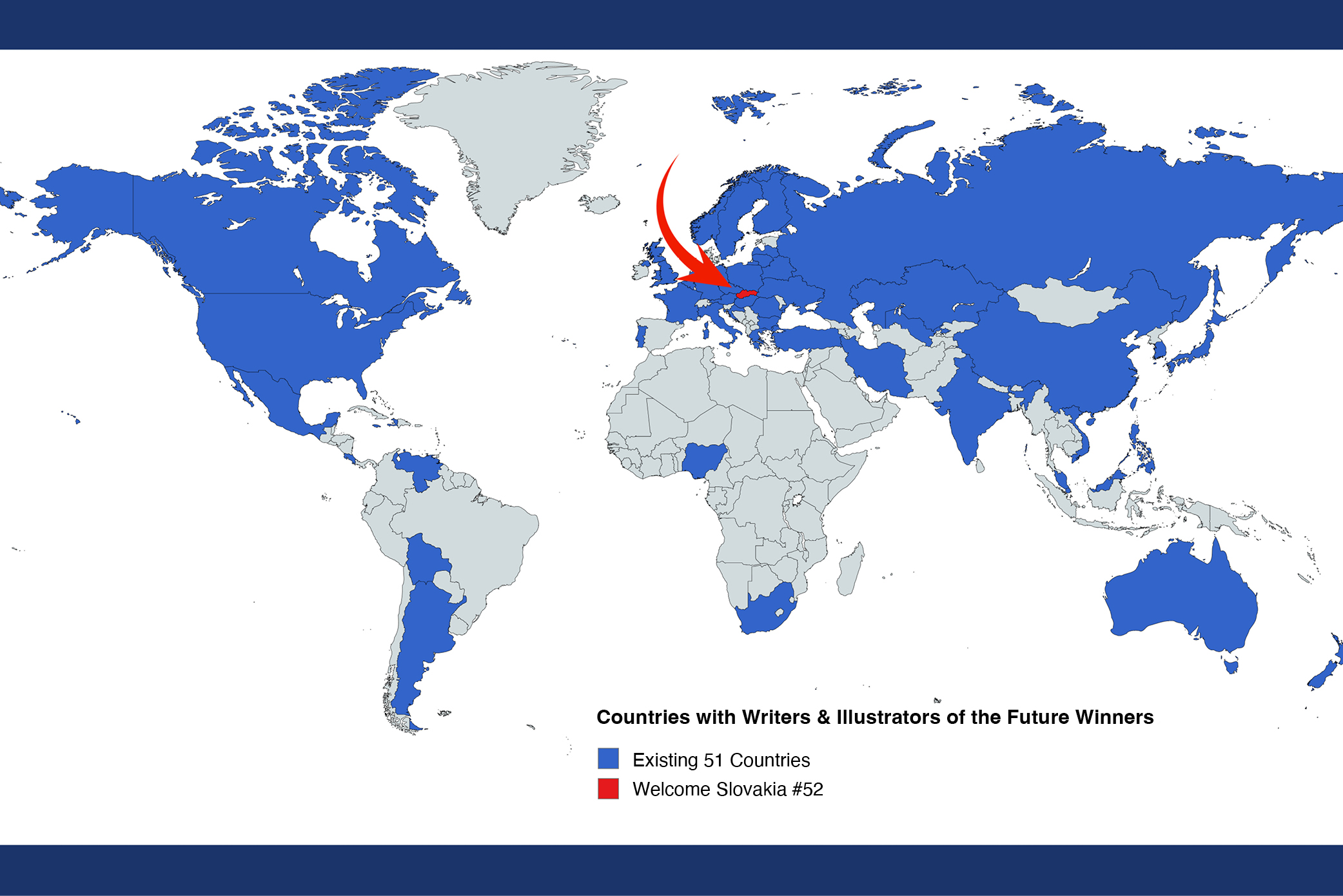 World map showing all 52 countries with winners from L. Ron Hubbard Presents Writers and Illustrators of the Future including an arrow pointing to the most recent, Slovakia.